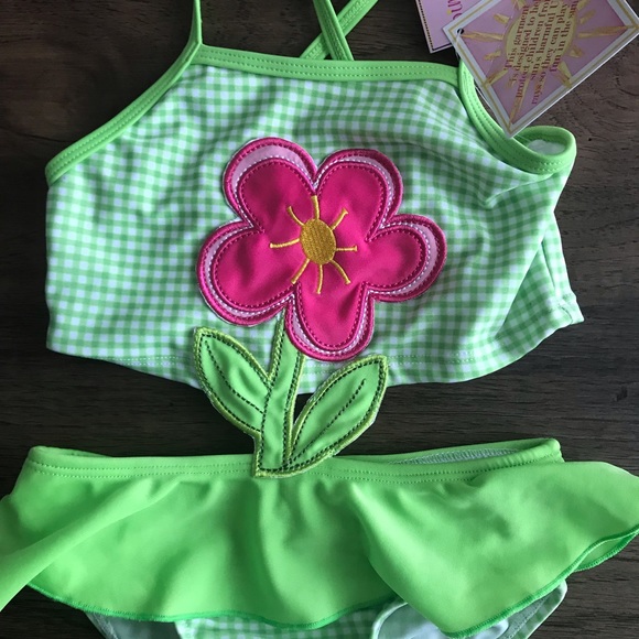 NWT neon gingham flower swimsuit 18 mos - Picture 2 of 2